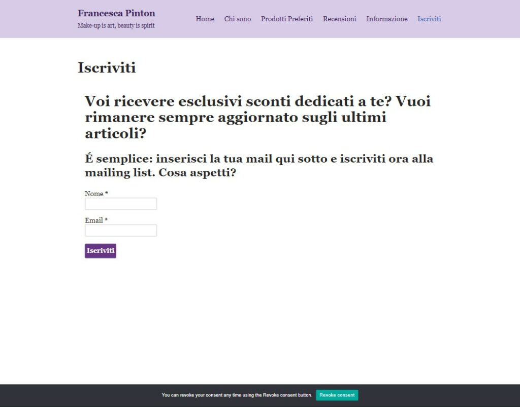 screenshot della pagina iscriviti vecchia di francescapinton.it