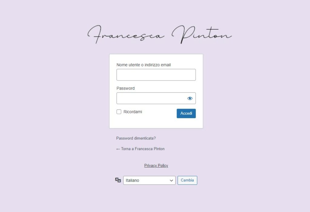 screenshot della pagina login nuova di francescapinton.it